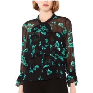MISA Los Angeles Tie Neck Floral Blouse in Black, Emerald